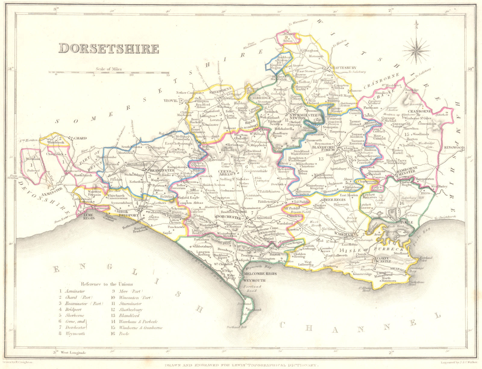 DORSET. Lewis. Original outline colour. Dorsetshire 1845 old antique map chart